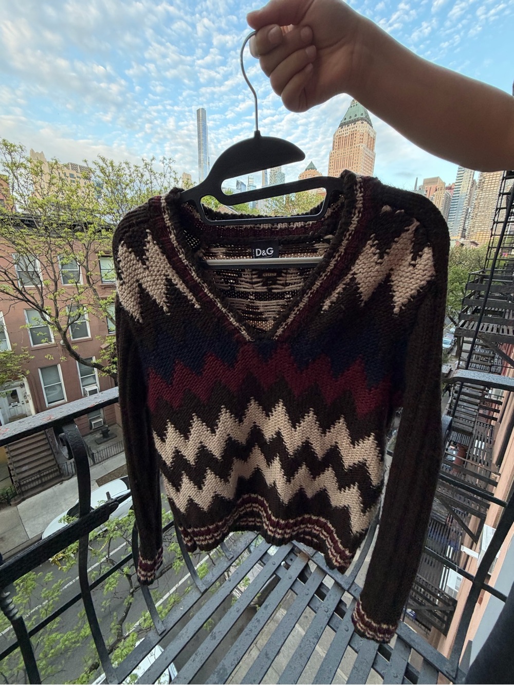 Dolce & Gabbana V-Neck Zigzag Knit Sweater in Black, Cream, Burgundy vintage